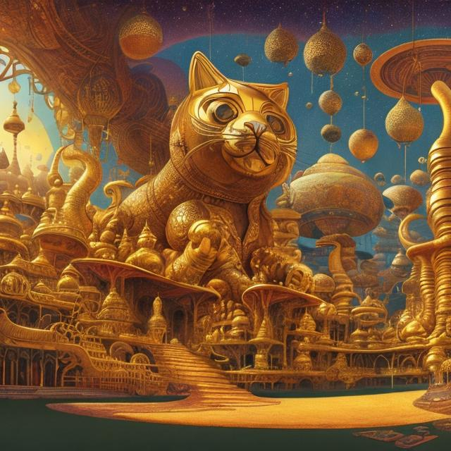 Prompt: panorama widescreen view of a giant gold cat playing a sitar, infinity vanishing point, in the style of Jacek Yerka
