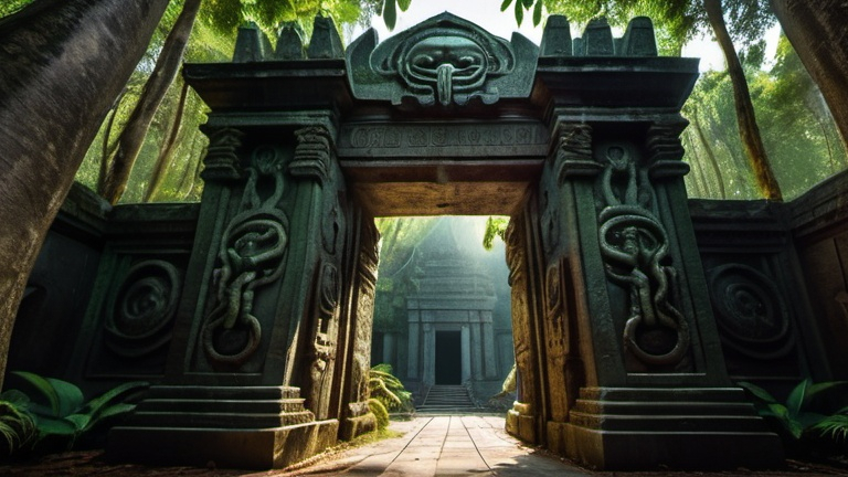 Prompt: in the jungle, a giant ancient bas relief covered gate to the temple of cthulhu, overhead lighting shadows, wide angle view, infinity vanishing point
