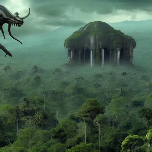 Prompt: wide panorama view, hundreds of xenomorphs climbing up pyramid, set in Belize rain forest jungle, nuclear blast background