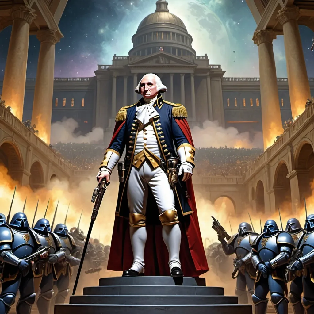 Prompt: george washington is the warhammer emperor, year 40000 AD, wide palace background with space marines, long distance point of view