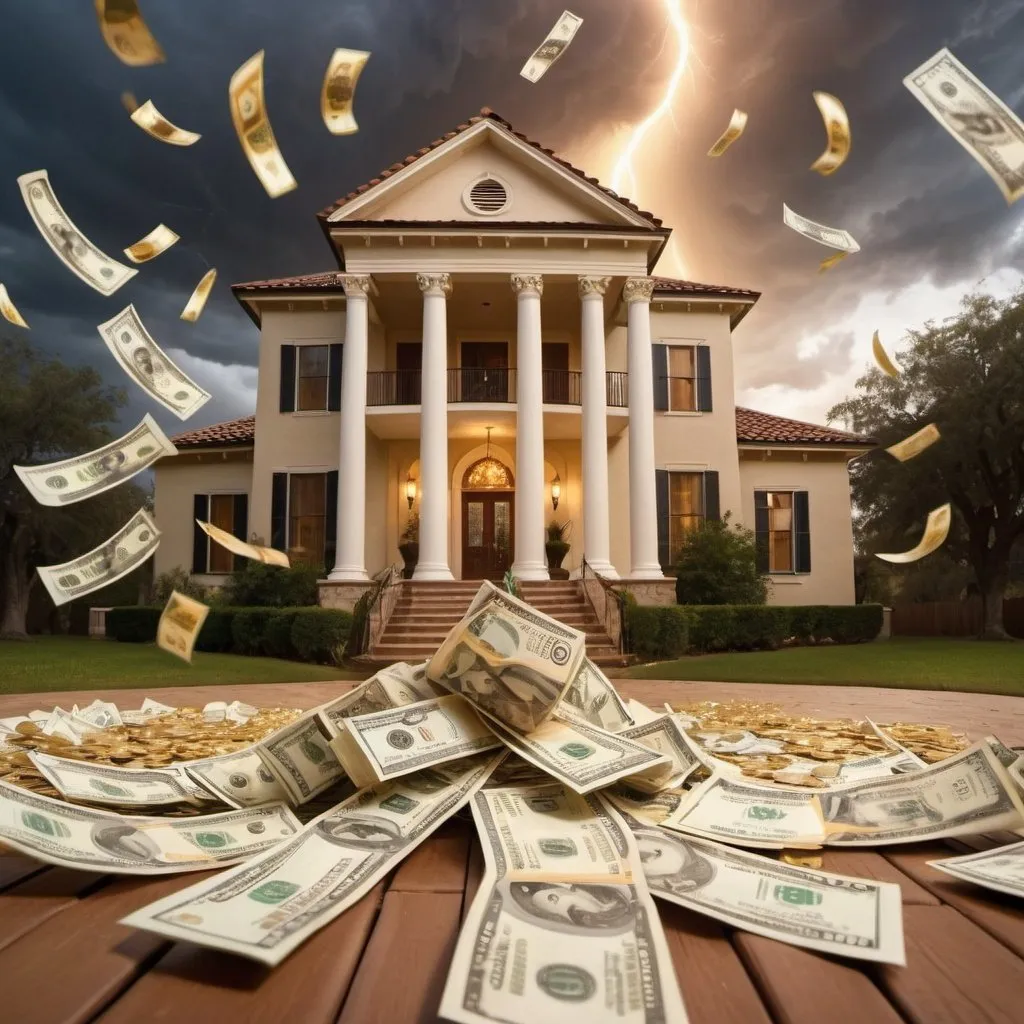 Prompt: tornado of money, outdoors exotic mansion background, overhead golden lighting, wide angle view, infinity vanishing point