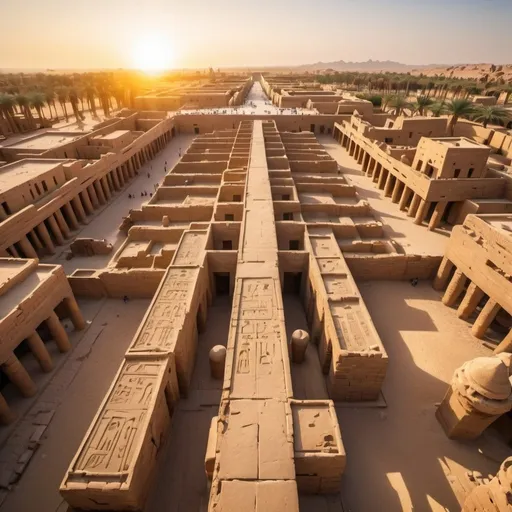 Prompt: Karnak Temple Complex, overhead golden hour lighting, extra wide angle field of view, infinity vanishing point