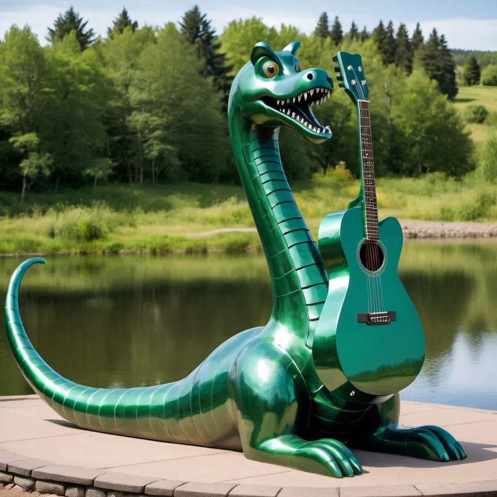 Prompt: giant green metal nessie statue playing guitar, wide background