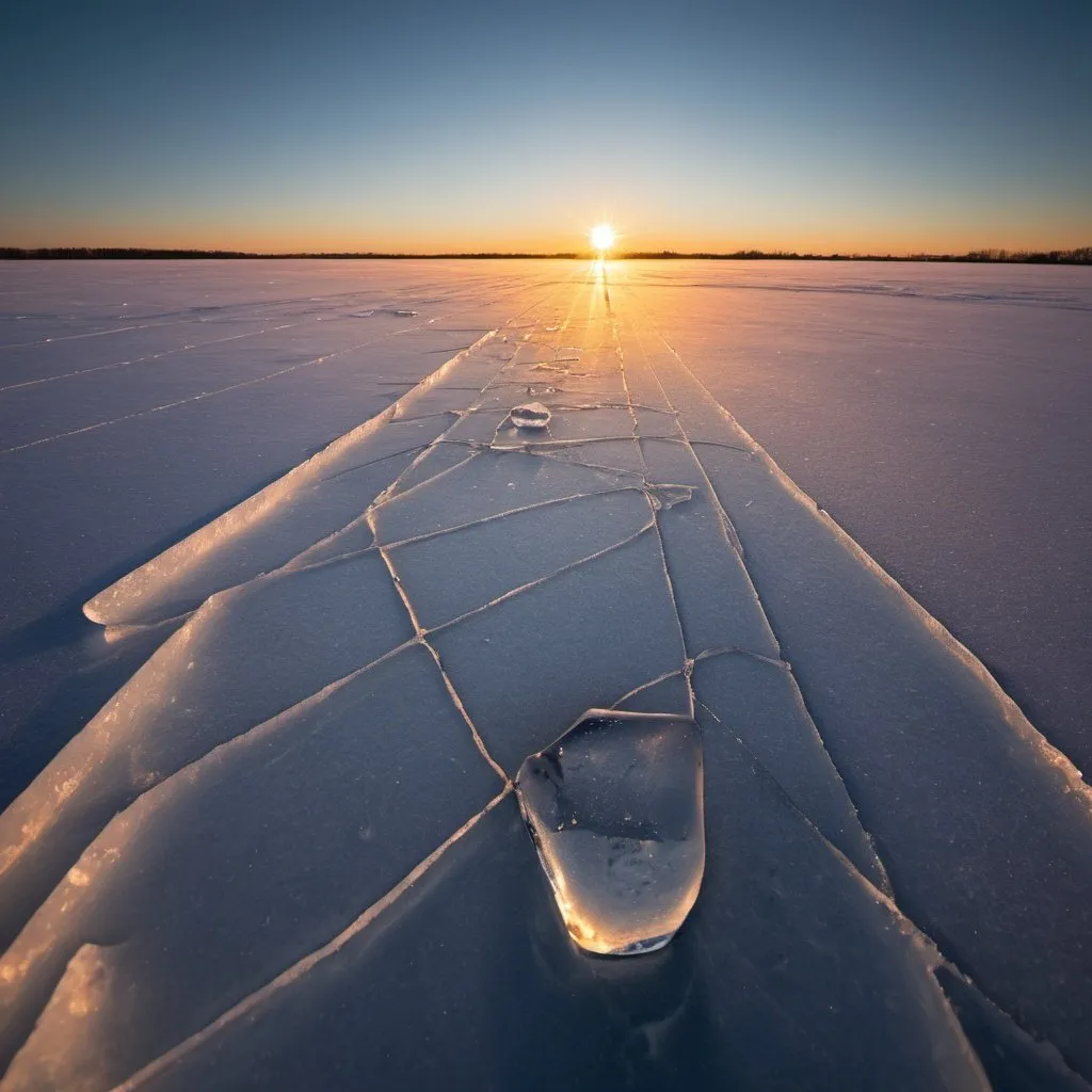 Prompt: strange ice, overhead golden hour lighting, extra wide angle field of view, infinity vanishing point