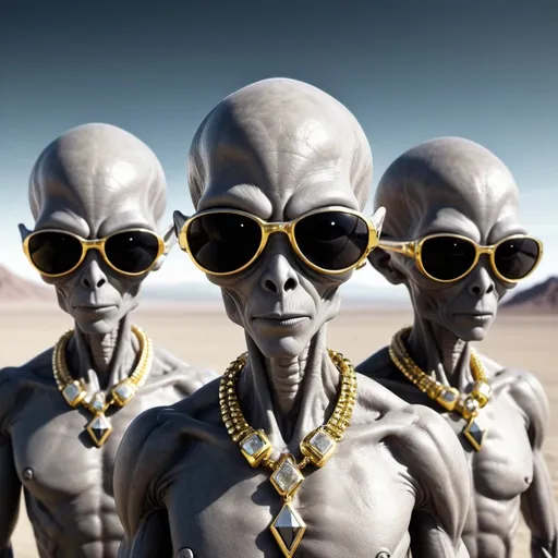 Prompt: grey aliens wearing gold necklaces and diamond sunglasses, an evil techno-planet in the background, 25 degree offset, wide angle perspective, infinity vanishing point