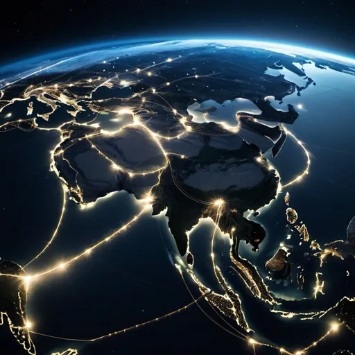Prompt: view from orbit of a superhighway network around the planet at night