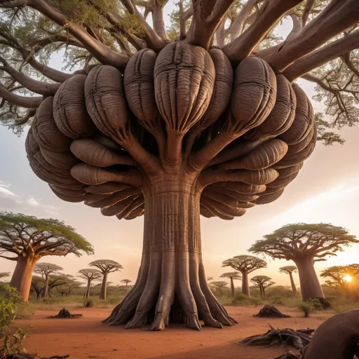 Prompt: giant xenomorph hive surrounded by lush baobab trees, overhead golden hour lighting, extra wide angle field of view, infinity vanishing point