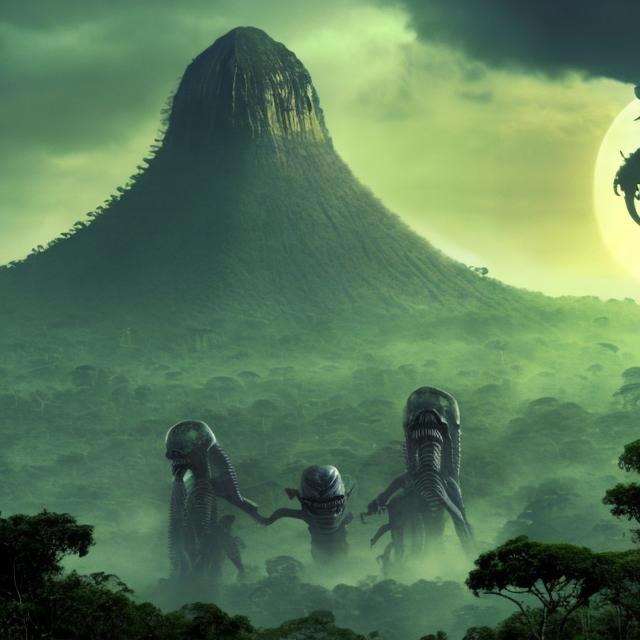 Prompt: wide panorama view, hundreds of xenomorphs climbing up pyramid, set in Belize rain forest jungle, nuclear blast background