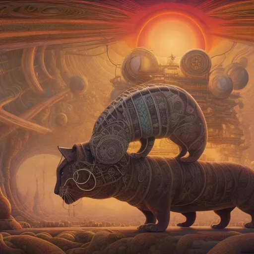 Prompt: panorama widescreen view of a giant cat playing a sitar, infinity vanishing point, in the style of Jacek Yerka