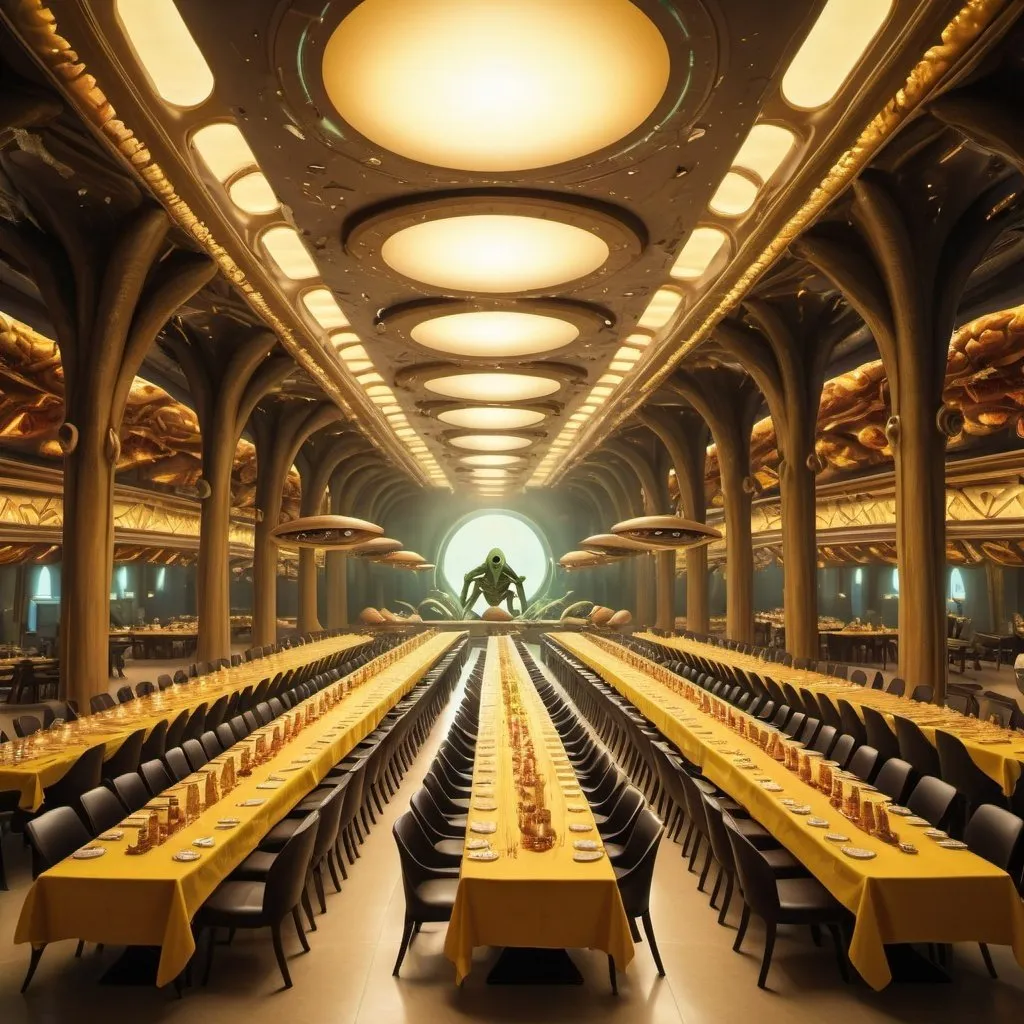 Prompt: giant exotic dining hall filled with aliens, food and drinks, overhead golden lighting, wide angle view, infinity vanishing point