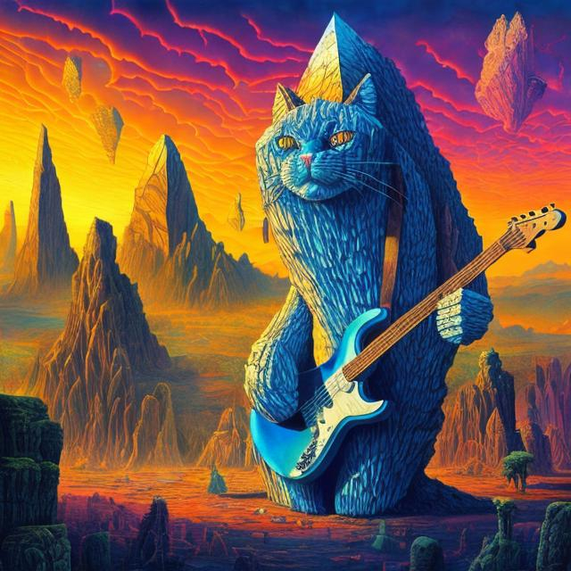Prompt: giant crystal statue of a giant cat playing guitar, in the style of Jacek Yerka, widescreen view, infinity vanishing point