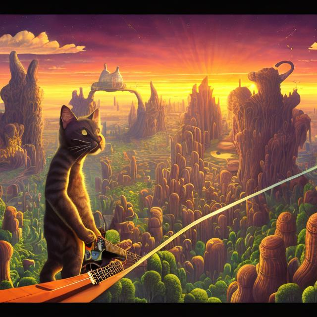 Prompt: panorama widescreen view of a giant cat playing guitar, infinity vanishing point, in the style of Jacek Yerka