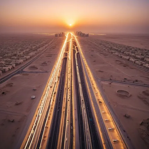 Prompt: The Line, the future linear smart city in Tabuk, Saudi Arabia. 
 overhead golden hour lighting, extra wide angle field of view, infinity vanishing point