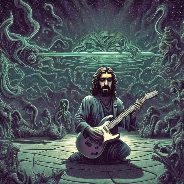 Prompt: wide view, jesus playing guitar in front of a patio gazebo barbeque grill, infinity vanishing point, Cthulhu nebula background