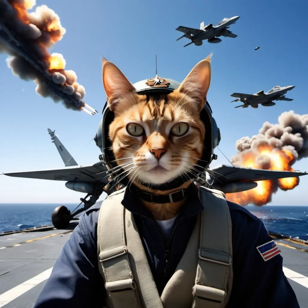 Prompt: Kamikaze Cat pilot of the Yokosuka MXY-7 Ohka, surrounded by black flak explosions, surreal aircraft carrier background, wide angle perspective, infinity vanishing point