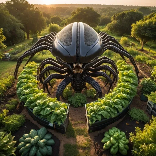 Prompt: giant xenomorph hive surrounded by lush vegetable gardens, overhead golden hour lighting, extra wide angle field of view, infinity vanishing point