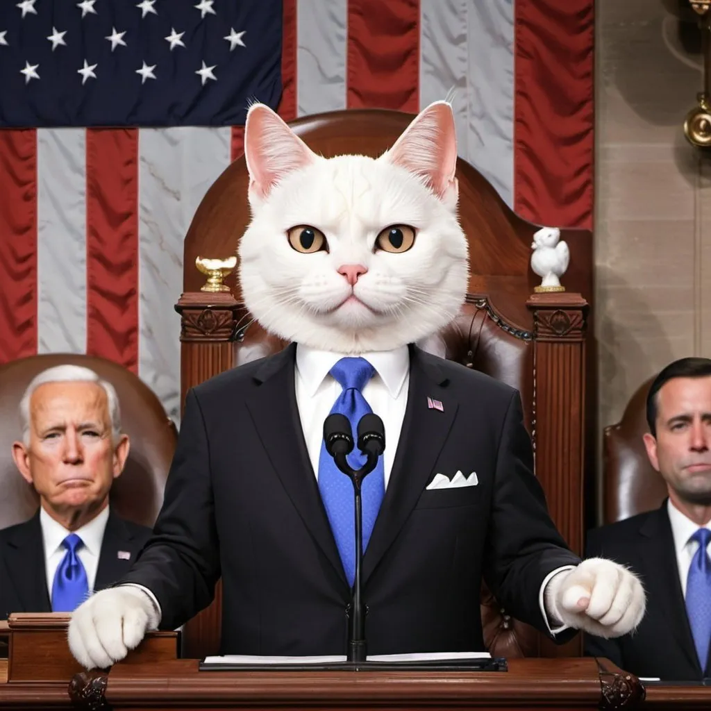 president cat giving state of the union speech to fu...