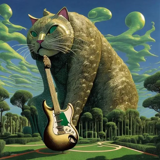 Prompt: ((((giant cat playing guitar) gold statue inlaid with emeralds) in the style of Jacek Yerka) infinity vanishing point) wide perspective view