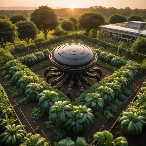 Prompt: xenomorph megahive surrounded by lush vegetable gardens, overhead golden hour lighting, extra wide angle field of view, infinity vanishing point