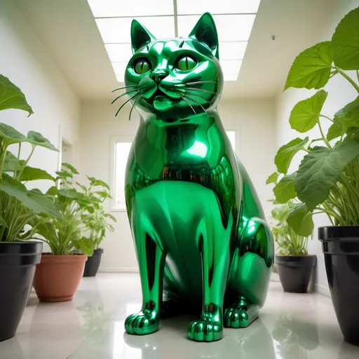 Prompt: giant green chrome statue of cat scared of a cucumber, infinity vanishing point