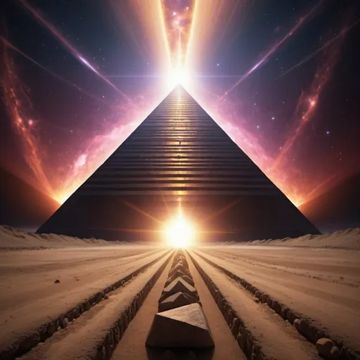 Prompt: Pyramid Power, wide angle perspective, surreal neutron star background, infinity vanishing point