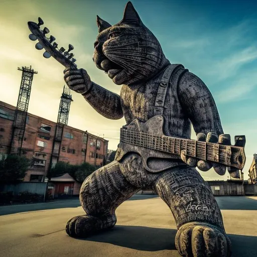 Prompt: giant weathered acid etched steel statue of a giant cat playing guitar, in the style of Jacek Yerka, widescreen view, infinity vanishing point