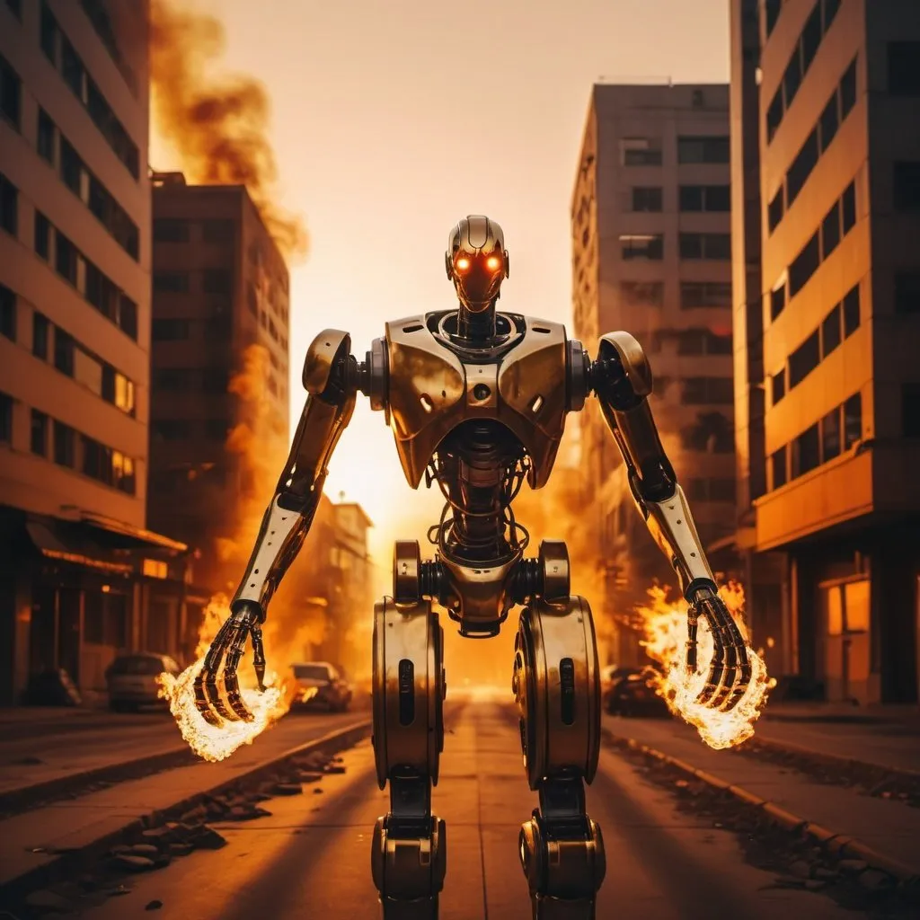 Prompt: ROBOT FIRE SNAKES SETTING ON FIRE INFERIOR OBSOLETE HUMAN CITIES. overhead golden hour lighting, extra wide angle field of view, infinity vanishing point