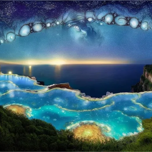 Prompt: panorama view of crystal ocean from cliffside infinity pool, van gogh starry night background