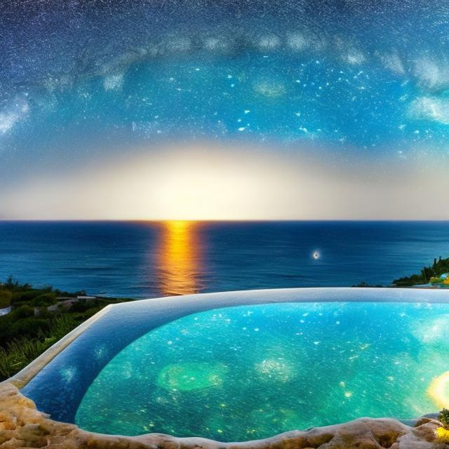 Prompt: panorama ocean view from cliffside infinity pool, van gogh starry night