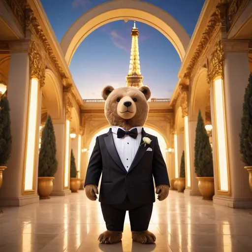 Prompt: dream date bear in a tuxedo, outdoors exotic palace background, overhead golden lighting, wide angle view, infinity vanishing point