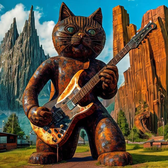 Prompt: giant rusty quartz statue of a giant cat playing guitar, in the style of Jacek Yerka, widescreen view, infinity vanishing point