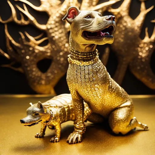 Prompt: Diamond encrusted pitbull terrier riding a gold alligator, surreal forest background