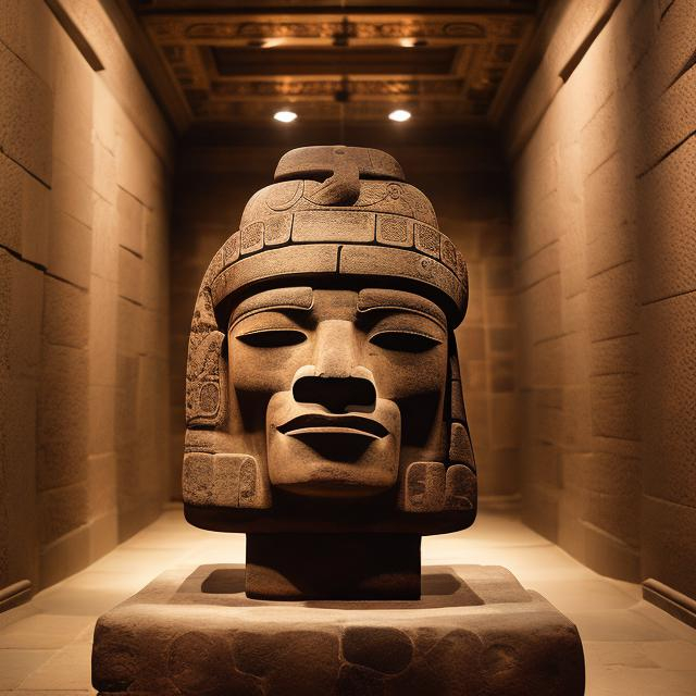 Prompt: ancient olmec chacmool statue in sacred chamber hall