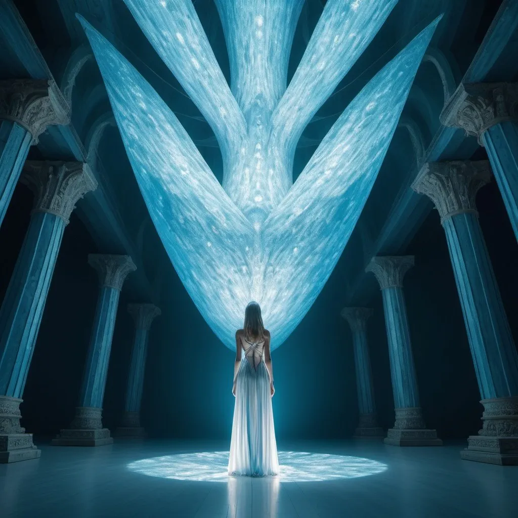 Prompt: giant Azura, overhead lighting, wide angle view, surreal background proportions, infinity vanishing point