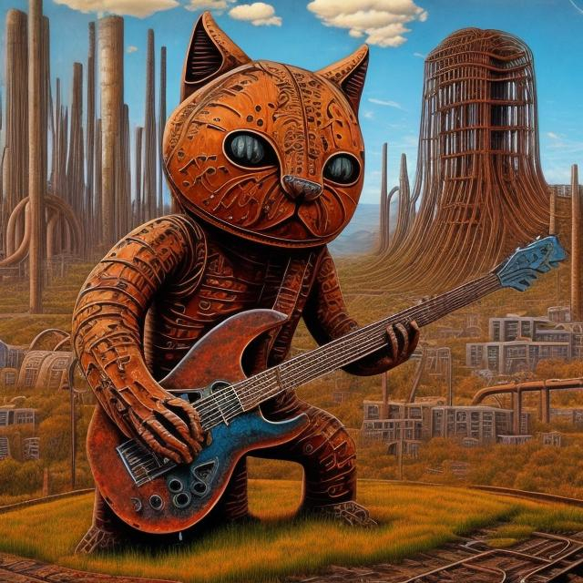 Prompt: giant rust streaked steel statue of a giant cat playing guitar, in the style of Jacek Yerka, widescreen view, infinity vanishing point