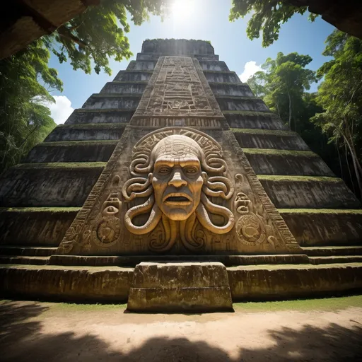 Prompt: in the Belize jungle, a giant ancient intricately detailed bas relief covered outer wall of the pyramid of cthulhu, overhead lighting shadows, wide angle view, offset infinity vanishing point