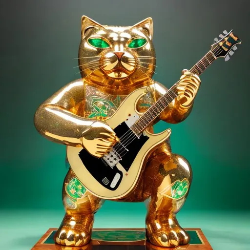 Prompt: ((((giant cat playing guitar) gold statue inlaid with emeralds) in the style of Ron English) wide perspective view) infinity vanishing point