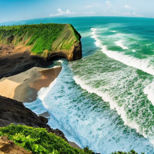 Prompt: wide panorama view, olivine green sand beach, thousand foot tall wave