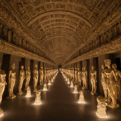 Prompt: Endless Statues of Time, golden overhead lighting, extra wide angle view, infinity vanishing point
