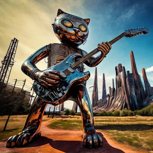 Prompt: giant rust streaked chrome statue of a giant cat playing guitar, in the style of Jacek Yerka, widescreen view, infinity vanishing point