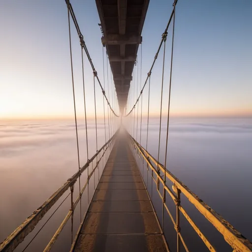 Prompt: foggy underneath view of distant abandoned giant suspension skybridge to space, golden hour overhead lighting, extra wide angle view, infinity vanishing point