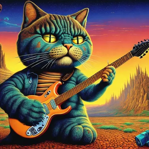Prompt: giant Lazurite cat playing a guitar, widescreen view, infinity vanishing point, in the style of Jacek Yerka