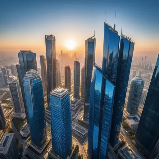 Prompt: city skyline of sapphire blue glass mega skyscrapers, overhead golden hour lighting, extra wide angle view, infinity vanishing point