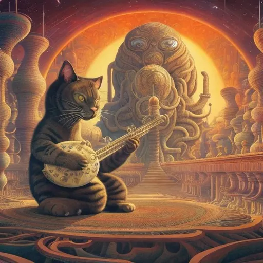 Prompt: panorama widescreen view of a giant cat playing a sitar, infinity vanishing point, in the style of Jacek Yerka