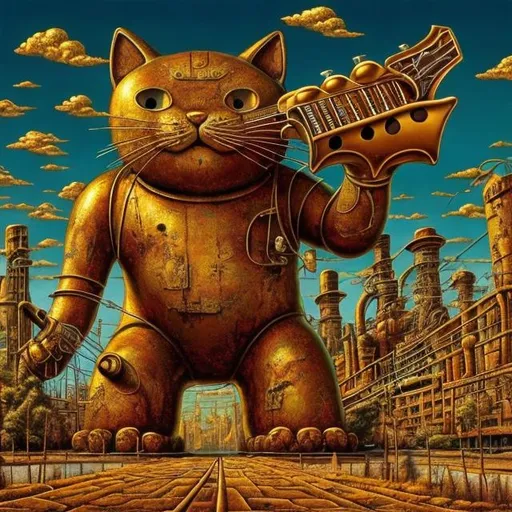 Prompt: giant rusty gold statue of a giant cat playing guitar, in the style of Jacek Yerka, widescreen view, infinity vanishing point