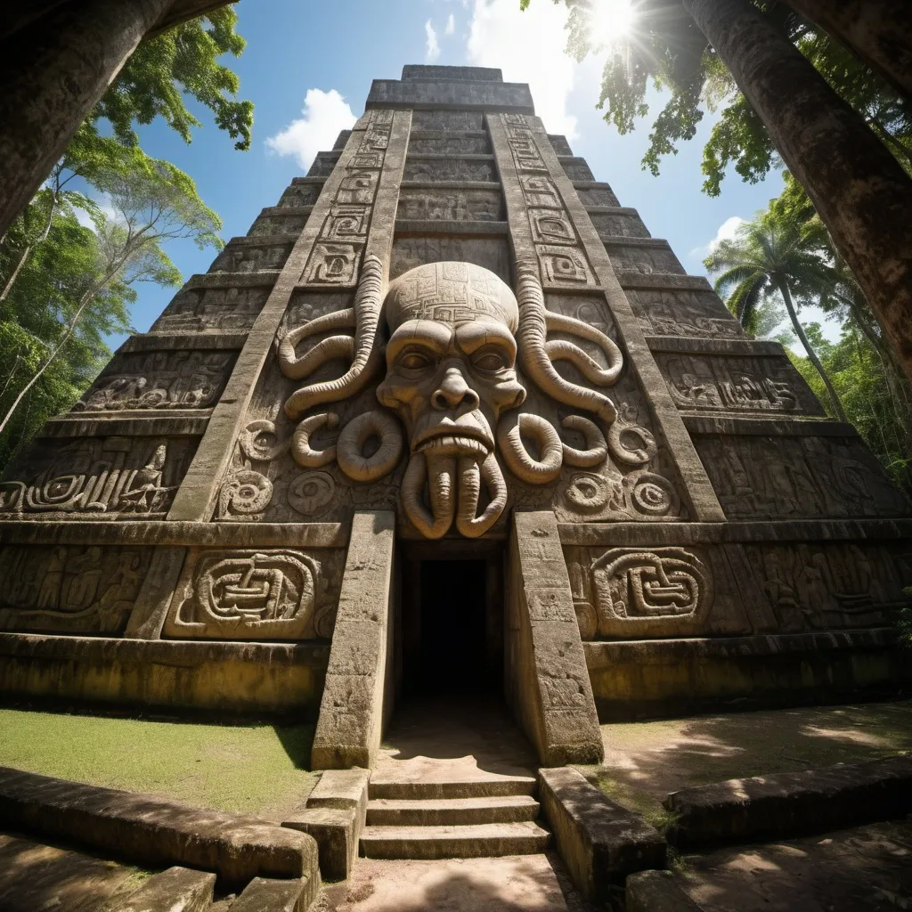 Prompt: in the Belize jungle, a giant ancient intricately detailed bas relief covered outer wall of the pyramid of cthulhu, overhead lighting shadows, wide angle view, offset infinity vanishing point