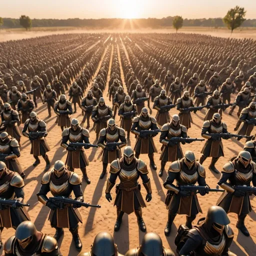 Prompt: Lawful Good army in battle with enemy Chaotic Evil army, overhead golden hour lighting, extra wide angle field of view, infinity vanishing point