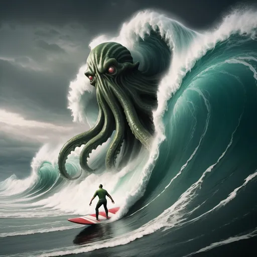 Prompt: cthulu surfing the crest of a giant tsunami wave, overhead lighting, wide angle view, infinity vanishing point