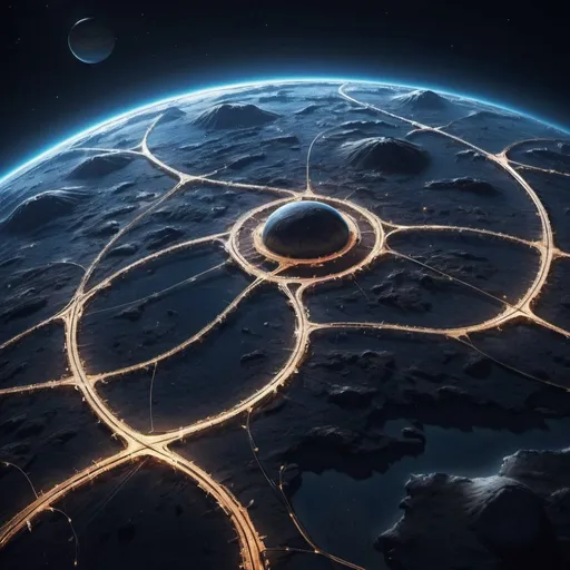 Prompt: view from orbit at night, of a superhighway network, around a cat planet shaped like a cat