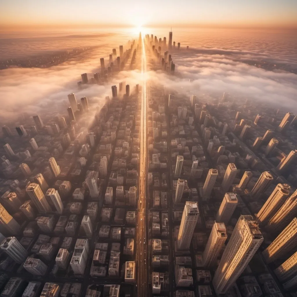 Prompt: biggest chaos in the world, overhead golden hour lighting, foggy wide angle view, infinity vanishing point